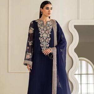 Pakistani Elegant Navy Blue Embroidered Dress with Dupatta